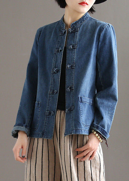 Blue Stand Collar Pockets Patchwork Button Denim Coats Fall