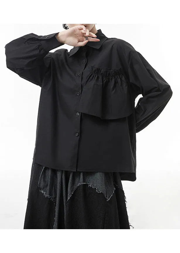 Stylish Black Low High Design Patchwork Shirts Spring