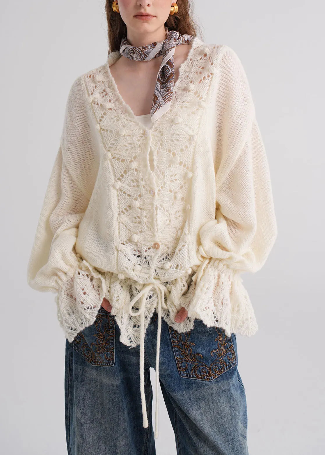 French Grey V Neck Hollow Out Button Knit Sweaters Fall