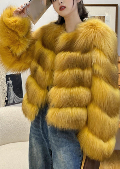 Yellow Patchwork Leather and Fur Coats Winter