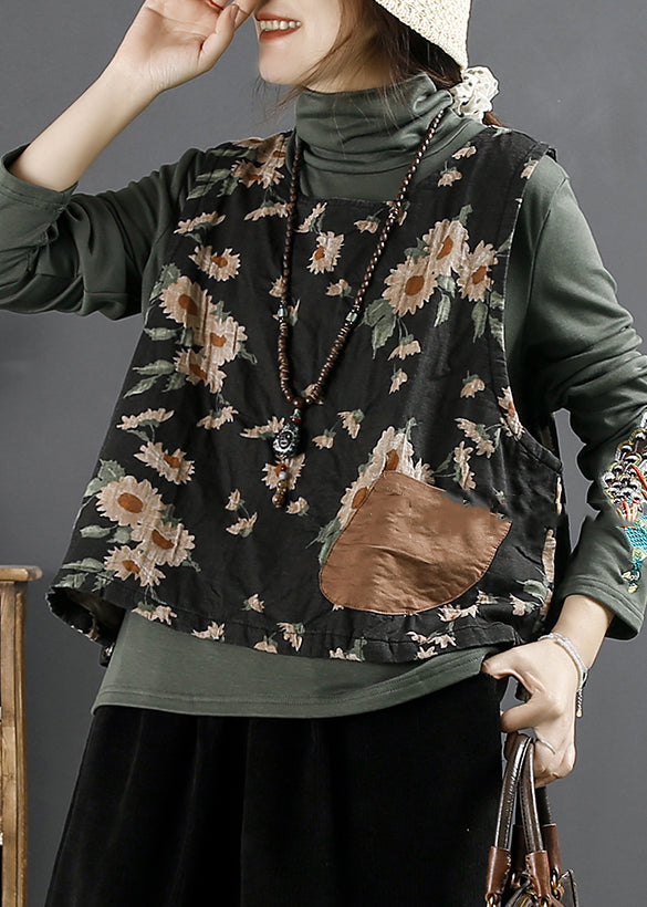 Orange O Neck Print Pockets Thick Waistcoat Sleeveless