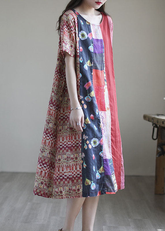 Red Loose Patchwork Cotton Blend Fall Short Sleeve Long Dresses