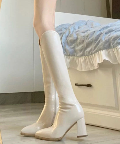 Beige Splicing Chunky Heel Boots Pointed Toe