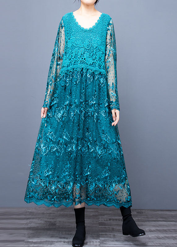 Blue O Neck Embroideried Patchwork Long Dresses Spring