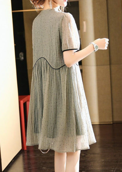 Grey Peter Pan Collar Wrinkled Patchwork Silk Dress Summer