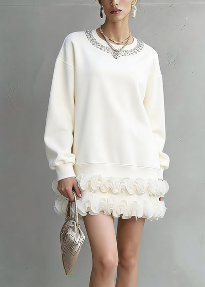 Unique White O-neck Zircon T Shirts Lantern Sleeve
