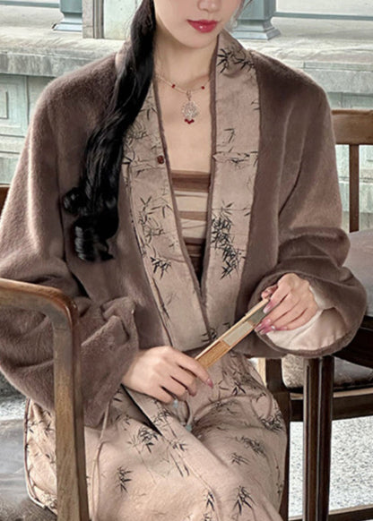 Coffee V Neck Print Patchwork Leather and Fur Coat Winter