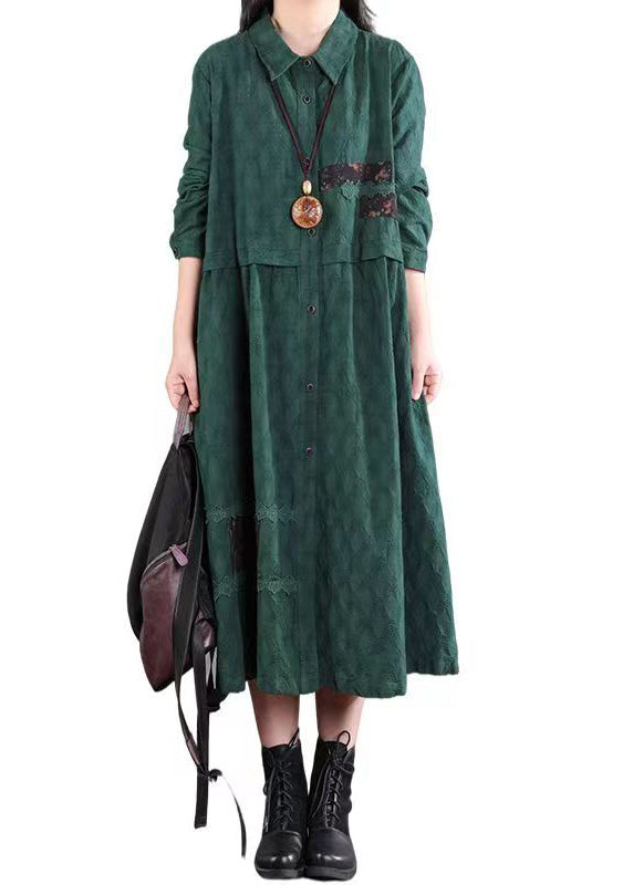 Blackish Green Pockets Patchwork Cotton Shirts Dresses Fall