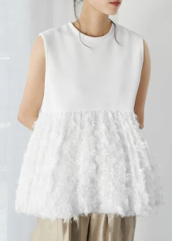 White Tasseled Patchwork Cotton Tops Sleeveless