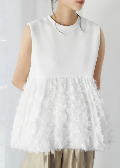 White Tasseled Patchwork Cotton Tops Sleeveless