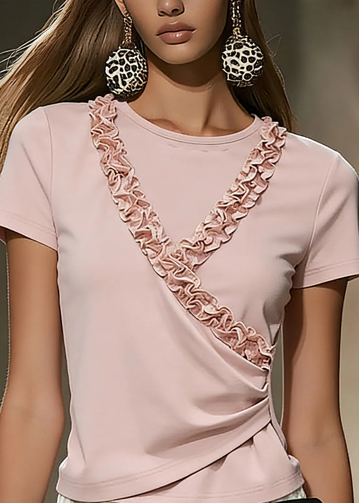 Style Pink Asymmetrical Ruffled Patchwork Top Short Sleeve