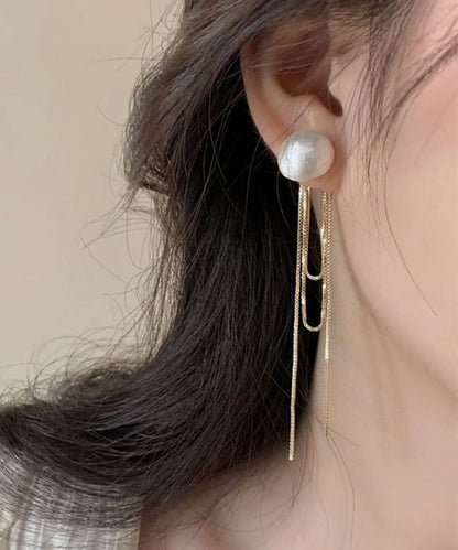 Simple Gold Copper Pearl Tassel Drop Earrings
