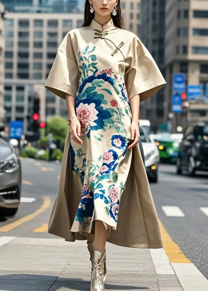 Original Design Khaki Mandarin Collar Print Silk a Line Dress Fall