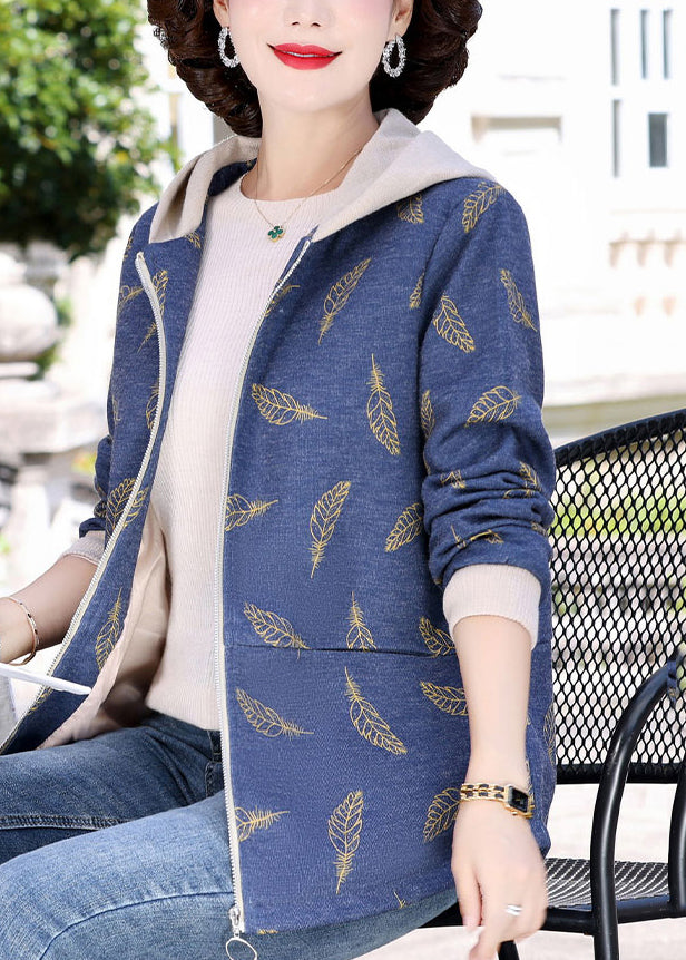 Navy Blue Zippered Patchwork Hoodies Coats Fall
