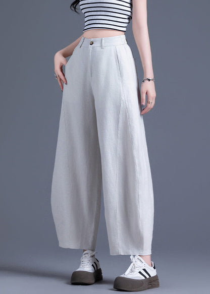 Beige Zippered Elastic Waist Linen Wide Leg Pants