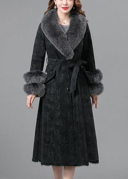 Black Warm Faux Rabbit Leather and Fur Coats Fox Collar Tie Waist Winter