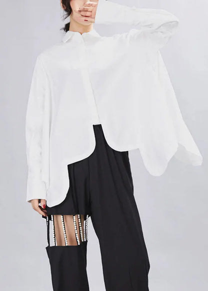 Loose White Peterpan Collar Button Asymmetrical Design Fall Shirt Top Long Sleeve