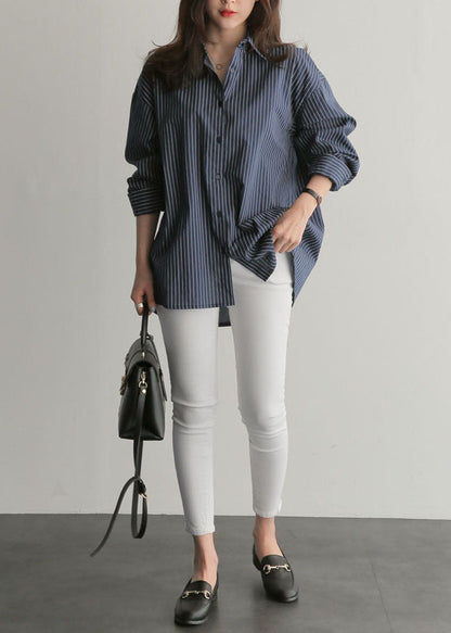 Blue Peter Pan Collar Striped Cotton Shirts Top Spring