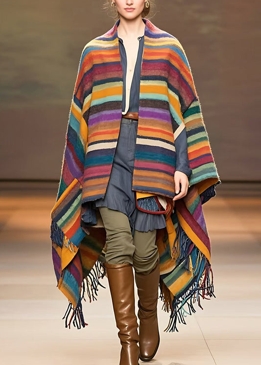 Rainbow Striped Low High Design Tassel Woolen Coats Long Sleeve