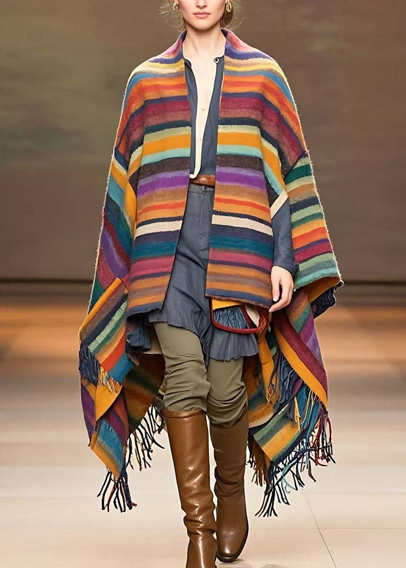 Rainbow Striped Low High Design Tassel Woolen Coats Long Sleeve