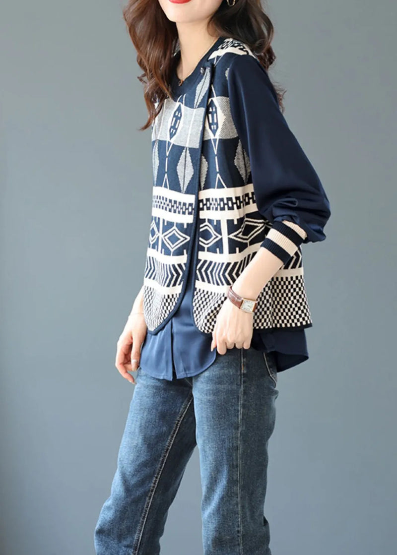 Blue O Neck False Two Pieces Patchwork Knit Top Fall