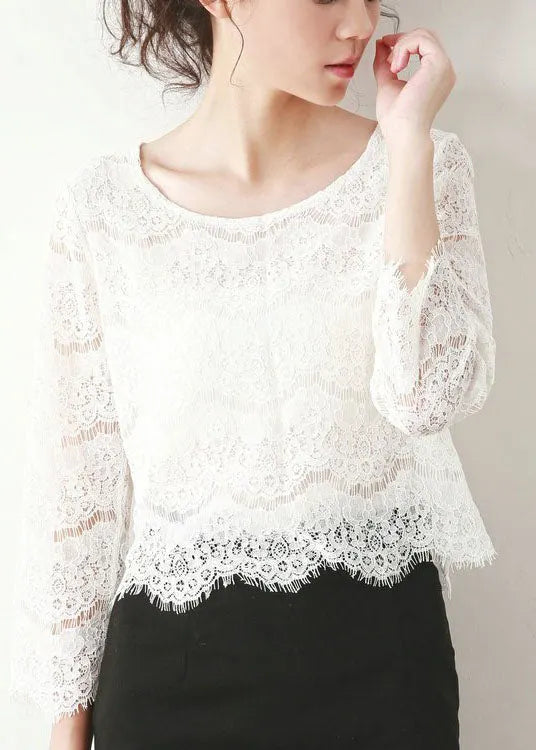Loose White O Neck Hollow Out Lace Top Fall