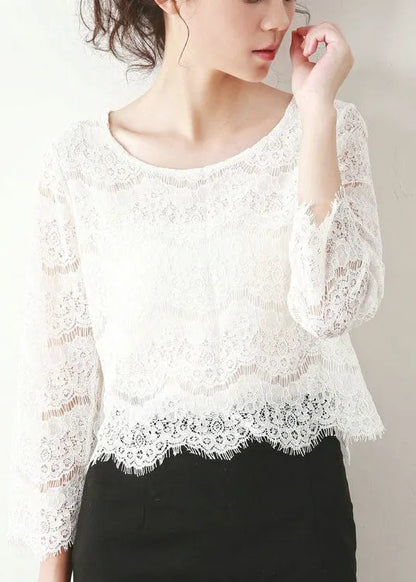 Loose White O Neck Hollow Out Lace Top Fall