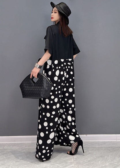Black Peter Pan Collar Dot Print Draping Chiffon Jumpsuits Short Sleeve