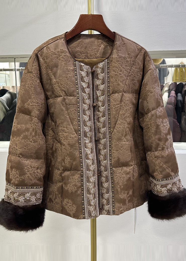 Brown Embroidered Jacquard Duck Down Jackets Winter