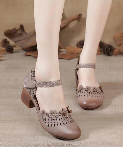 Apricot Cowhide Leather Sandals Hollow Out Buckle Strap