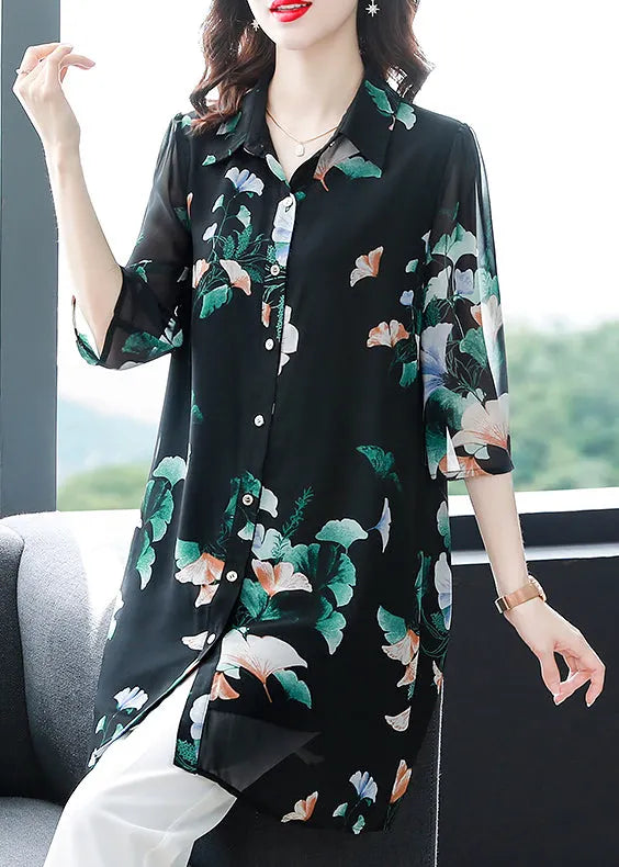Black Button Peter Pan Collar Print Long Chiffon Shirt Tops Half Sleeve