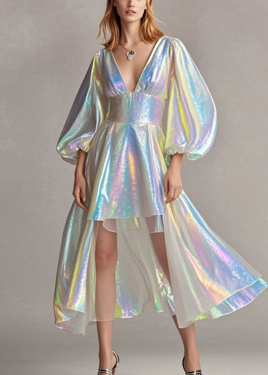 Modern Pearl White Deep-v Neck Low High Design Sequins Dresses Lantern Sleeve