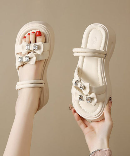Bow Zircon Splicing Platform Black Faux Leather Slide Sandals