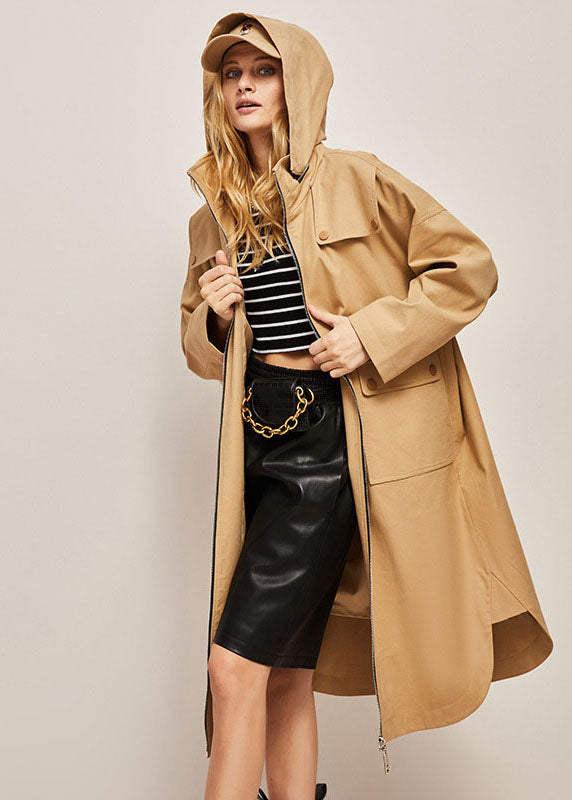Khaki Hooded Zippered Cotton Cocoon Coats Spring