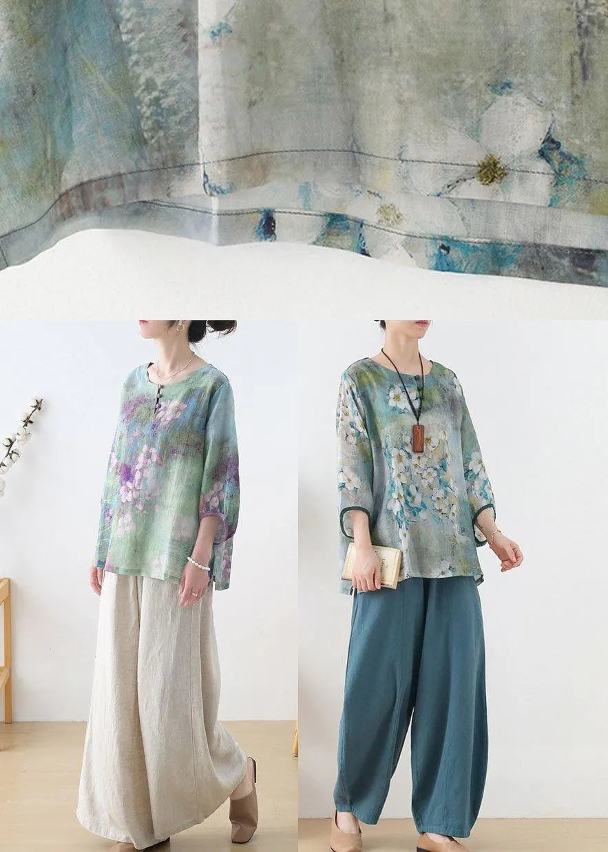 Blue Retro O-neck Fall Blouses Three Quarter Sleeve