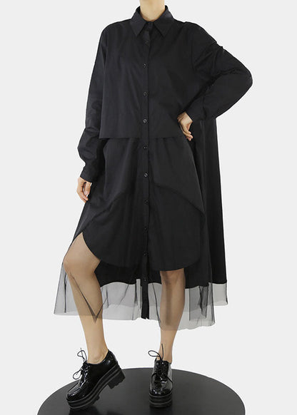 Black Tulle Patchwork Shirt Dresses Button Asymmetrical Design Peter Pan Collar Spring
