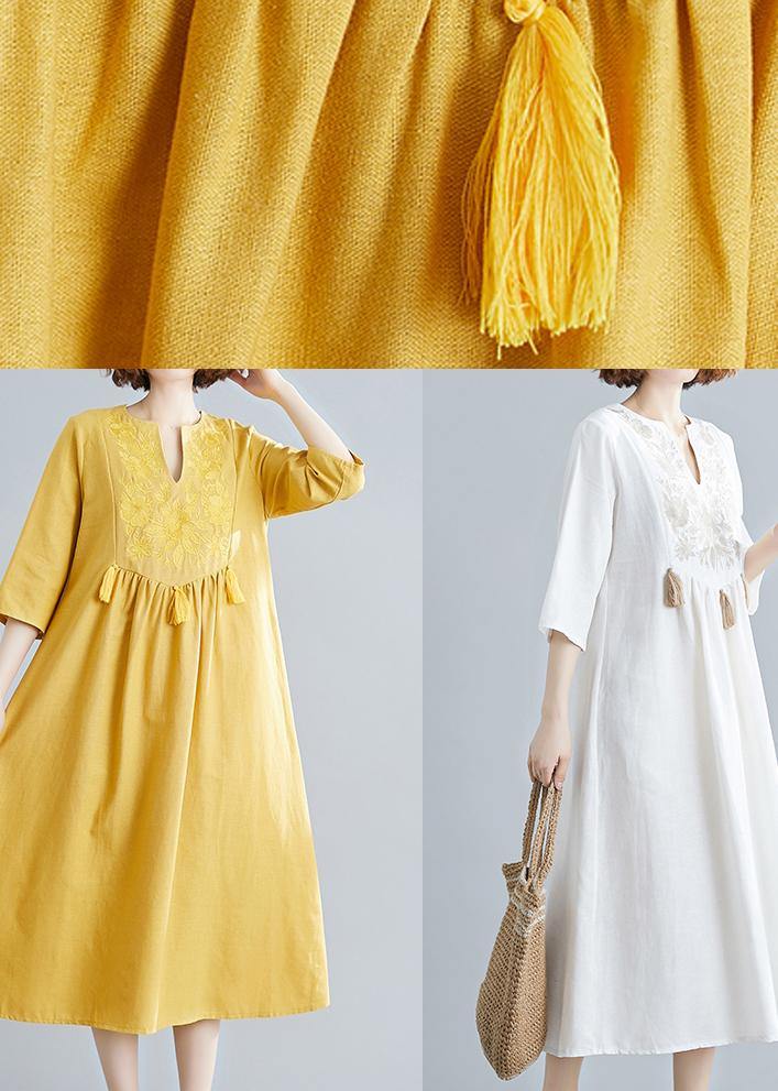 Handmade Blue Clothes V Neck Tassel Spring Linen Dresses