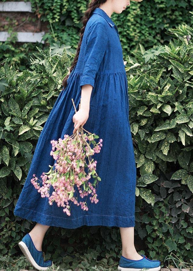 Handmade Lapel Half Sleeve Spring Tunics Shirts Blue Dress