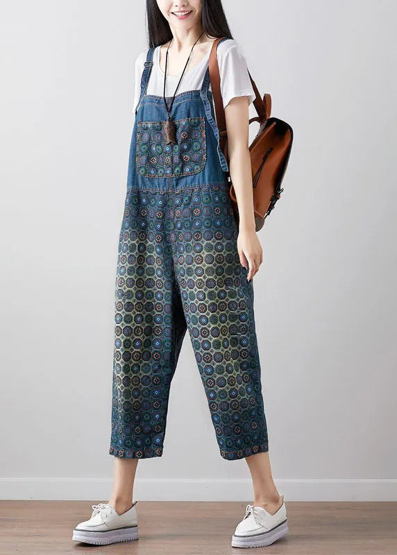 Loose Dark Blue Print Denim Jumpsuit Spring