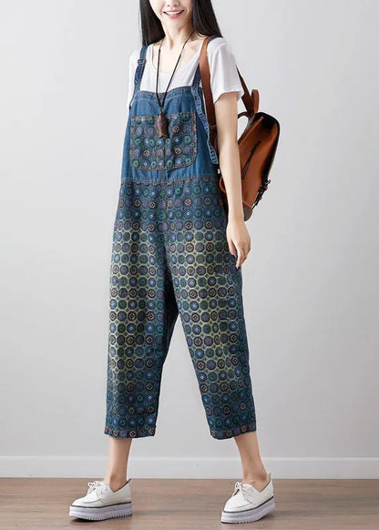 Loose Dark Blue Print Denim Jumpsuit Spring