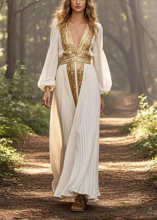 White V Neck Patchwork Chiffon Pleated Dress Spring