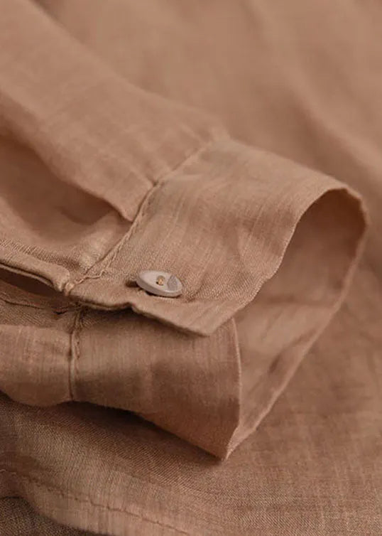 Classy Khaki Embroideried Ramie Top Long Sleeve