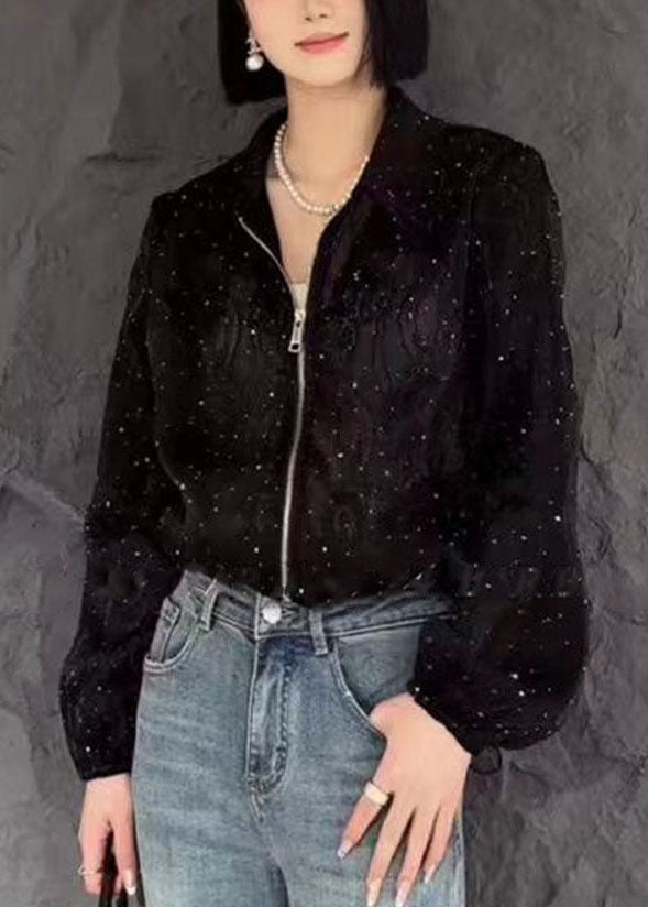 Fine Black Peter Pan Collar Zircon Zippered Upf 50+ Coat Long Sleeve