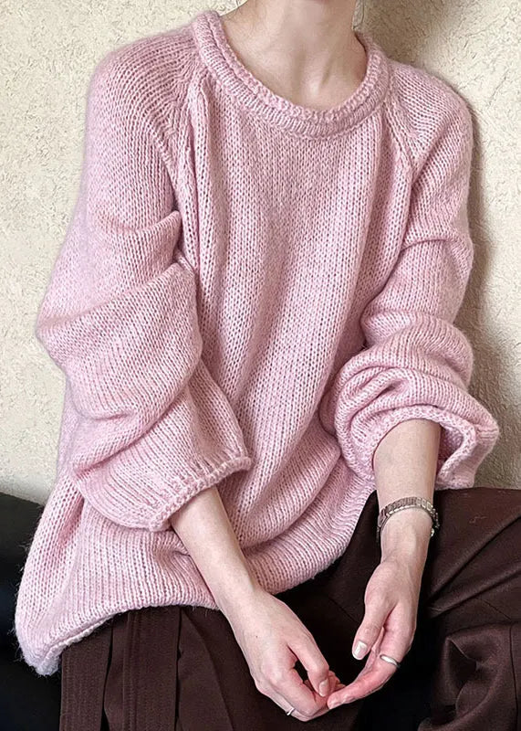 Loose Blue O Neck Knit Sweaters Long Sleeve