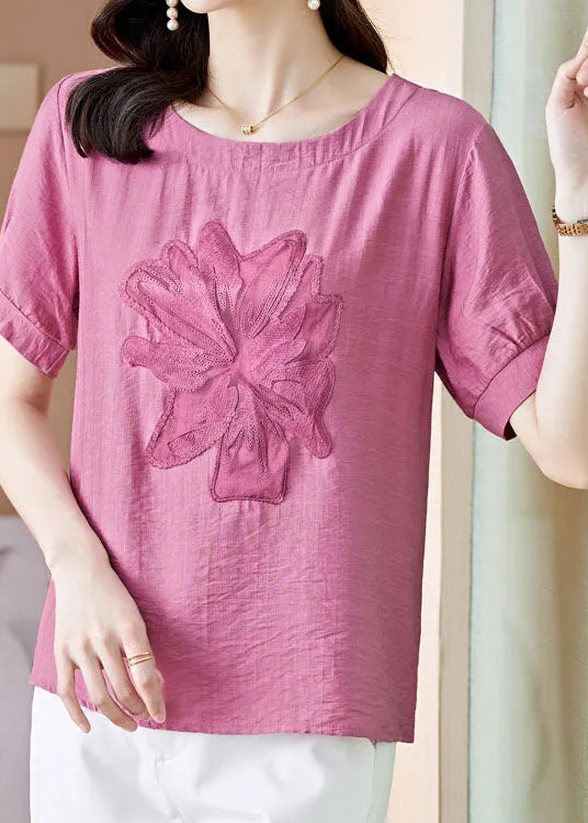 Pink O Neck Embroideried Patchwork Linen T Shirt Top Summer