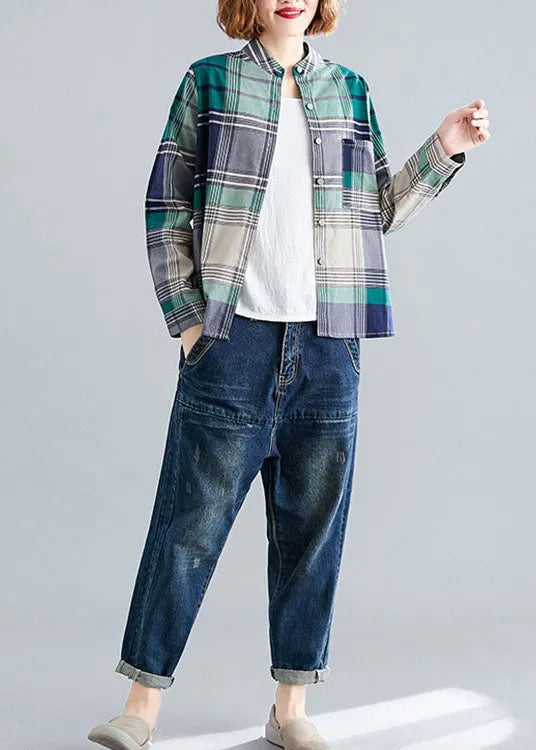 Art Green Pockets Button Patchwork Fall Plaid Long Sleeve Top