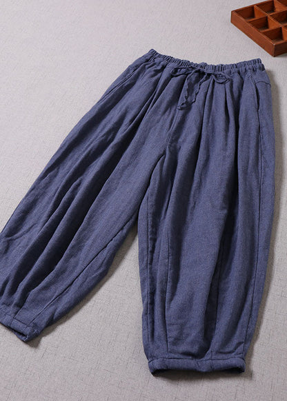 Blue Cinched Pockets Cotton Harem Pants Spring