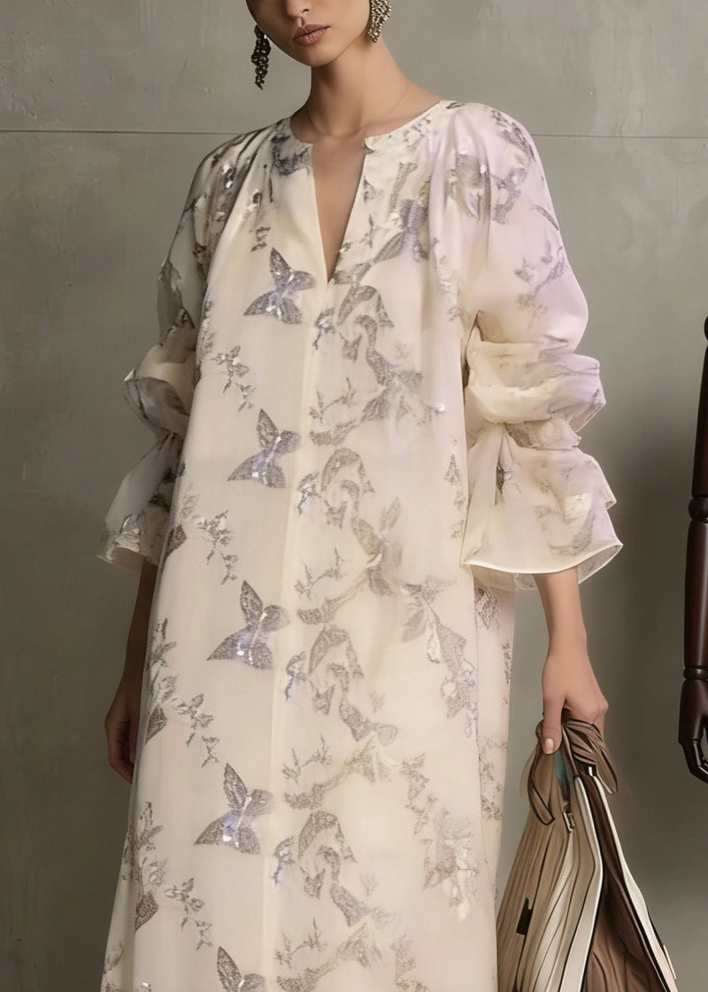 Apricot Butterfly Sequins Cotton Dress Flare Sleeve