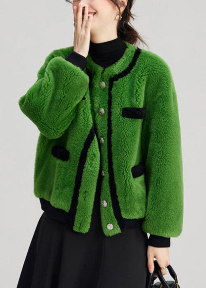 Green Button Pockets Fuzzy Fur Fluffy Coats Long Sleeve