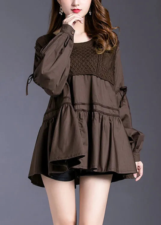 Fine Chocolate O-neck Patchwork Cotton Tops Spring